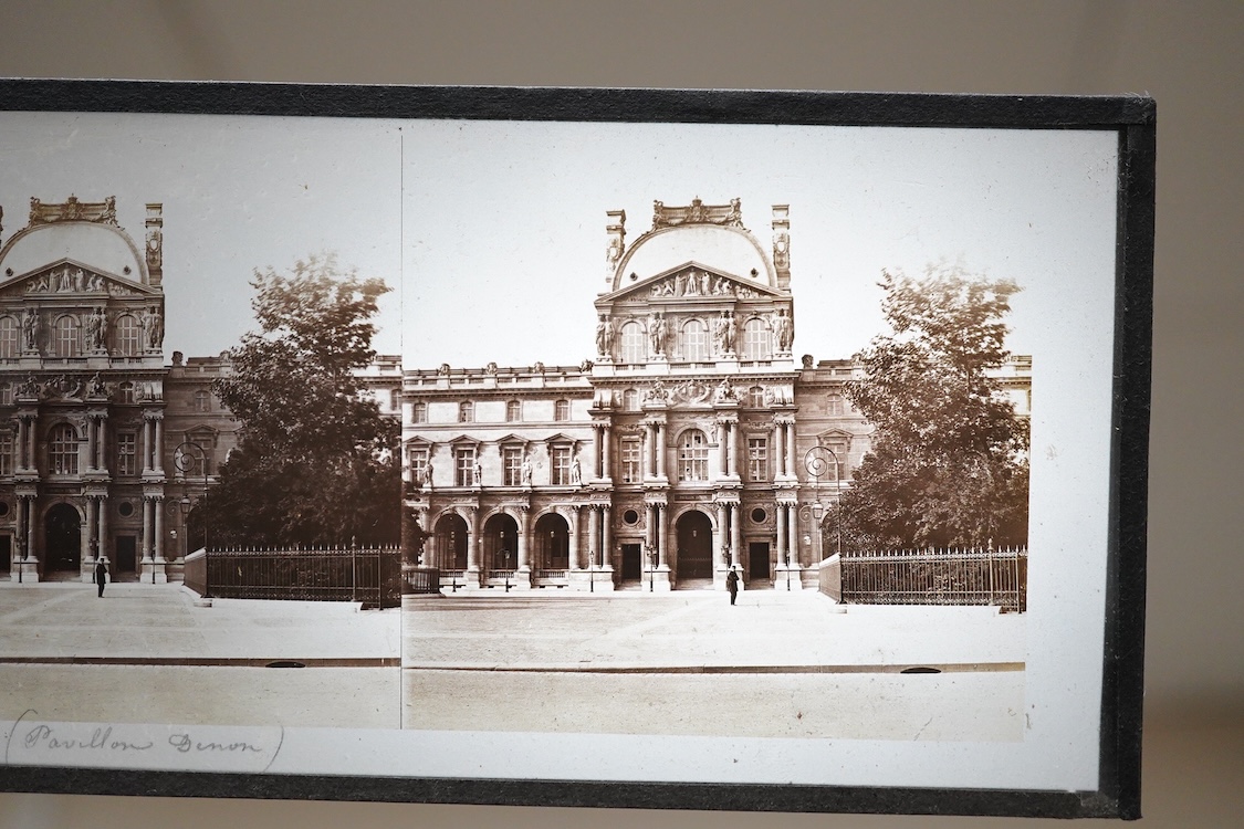 A collection of over 300 late 19th and early 20th century stereoscopic cards, including a fitted mahogany case containing 30 glass examples, the themes include; scenic views, sculptures and statues, buildings, Windsor, p